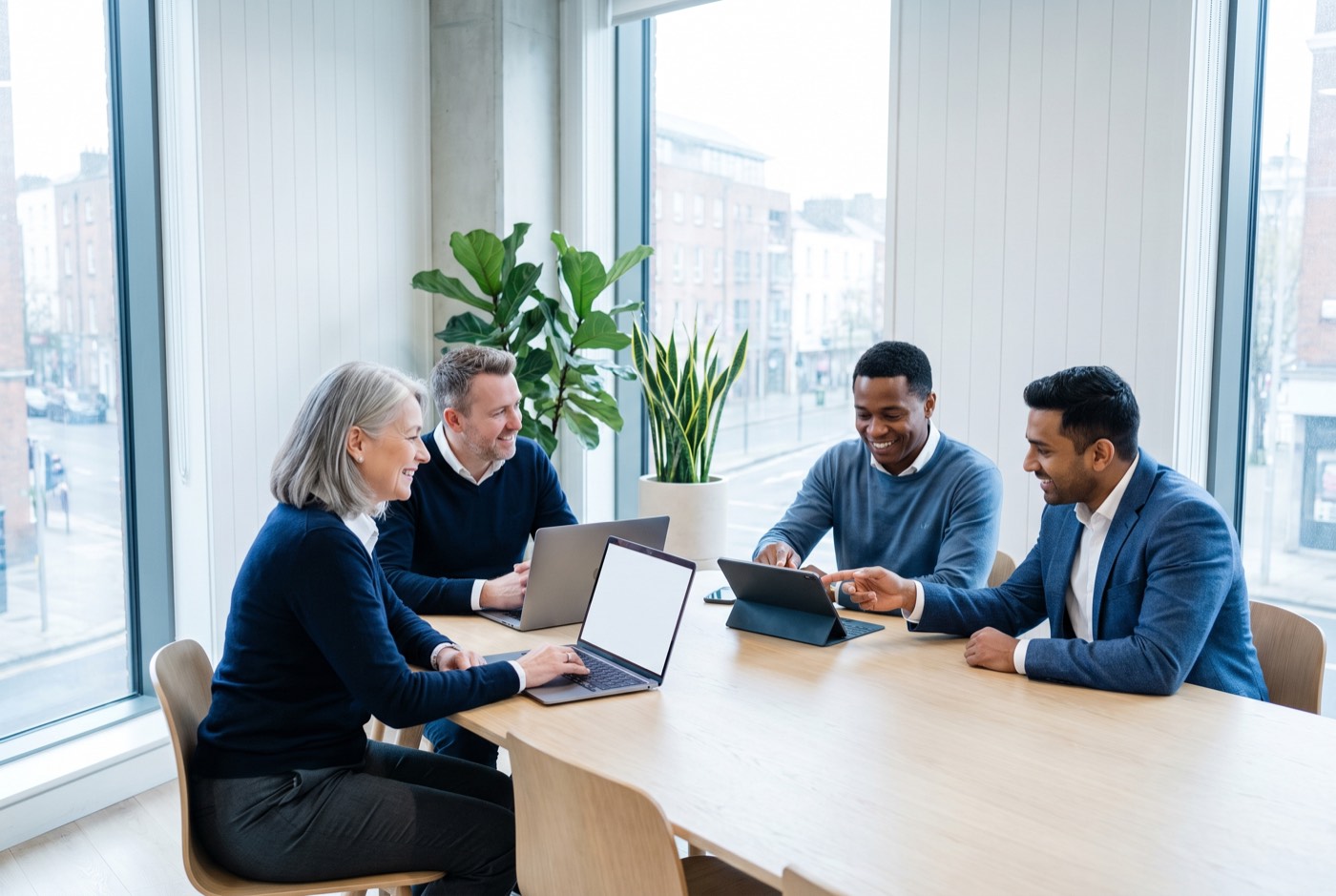 A small consulting team working together around a table in a bright modern Irish office