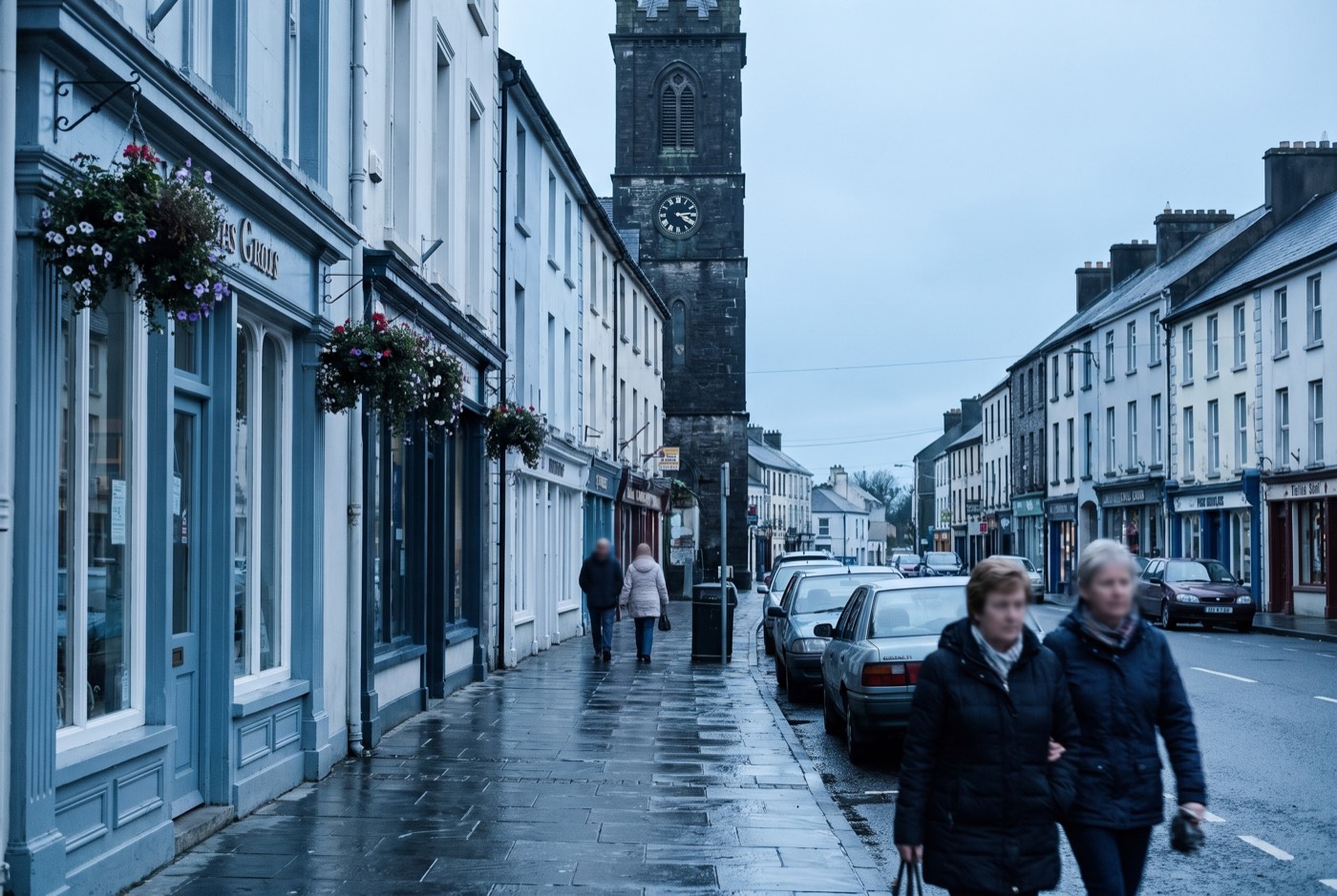 A quiet Irish market town main street on a bright morning
