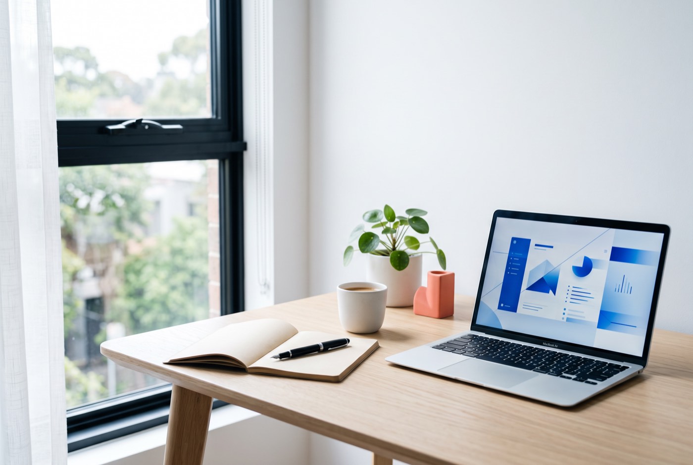 A bright minimal desk with a laptop showing an analytics dashboard